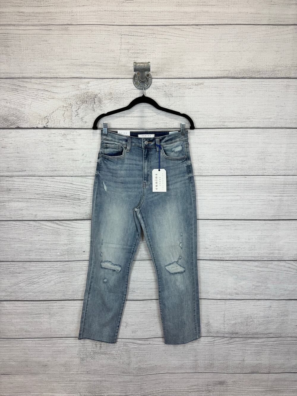 Eunina Women's Ally Ultra High Rise Straight Leg Distressed Crop Jeans Size 7